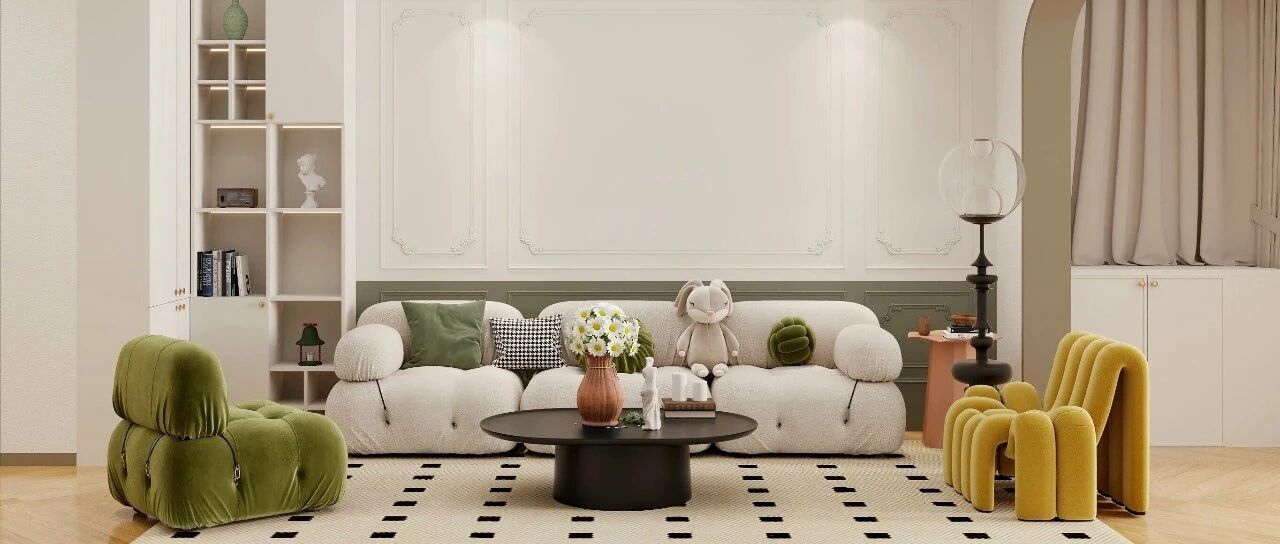 96㎡法式奶油系三口之家|拱门+复古绿,住进浪漫与慵懒!